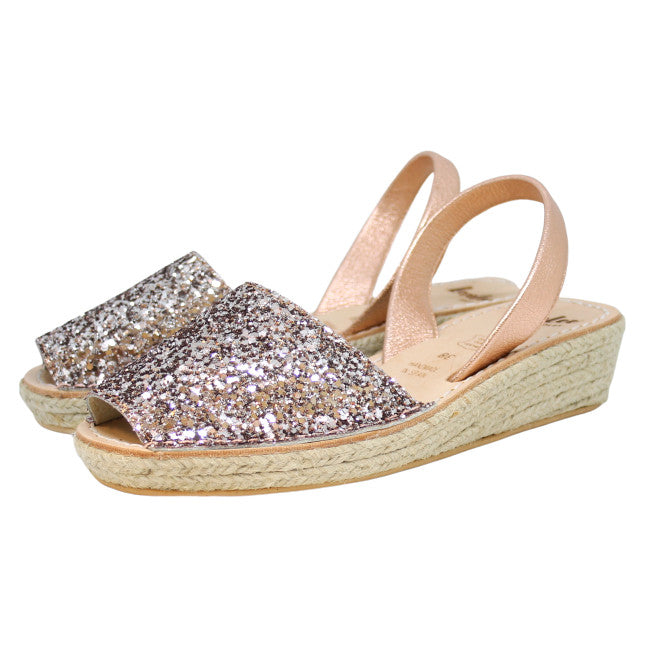 Champagne Glitter Mini Rope Espadrille Wedge | Lovelee Soles 