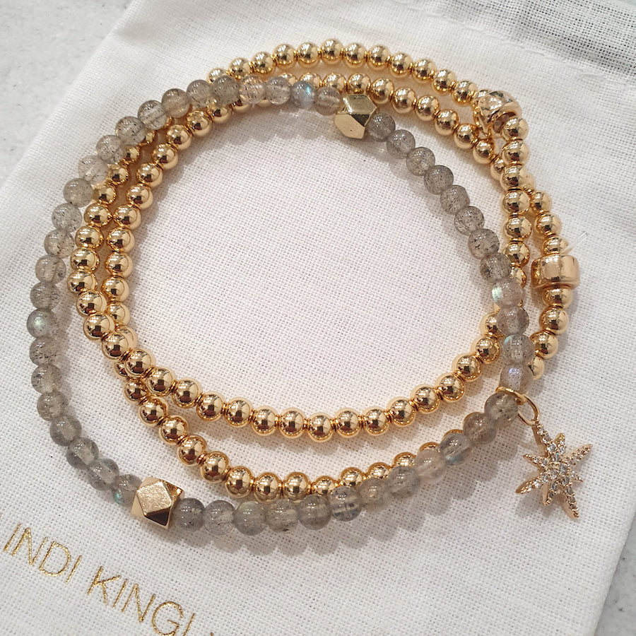 LINDI KINGI | LABRADORITE & GOLD BEADED BRACELET SET WITH CHARMS